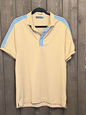 J. Lindberg Regular Fit Golf Polo Shirt Mens LG Tan/Blue/White Performance